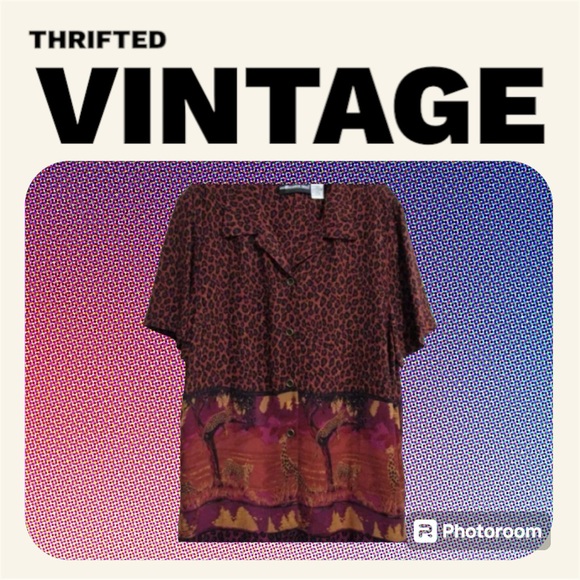 Sag Harbor Tops - Sag Harbor Sz 14 Safari Leopard Giraffe Rayon Button Short Sleeve Shirt